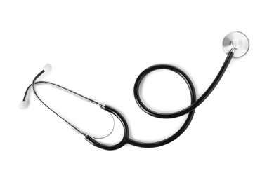 Photo of Stethoscope on white background, top view. Medical device