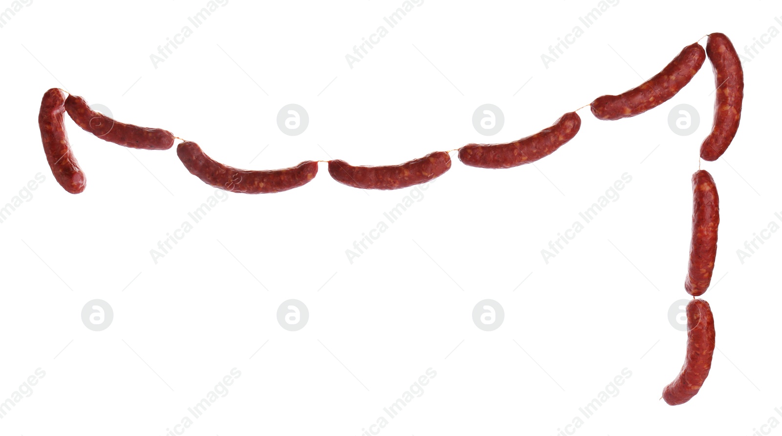 Photo of Tied fresh raw sausages isolated on white. Meat product