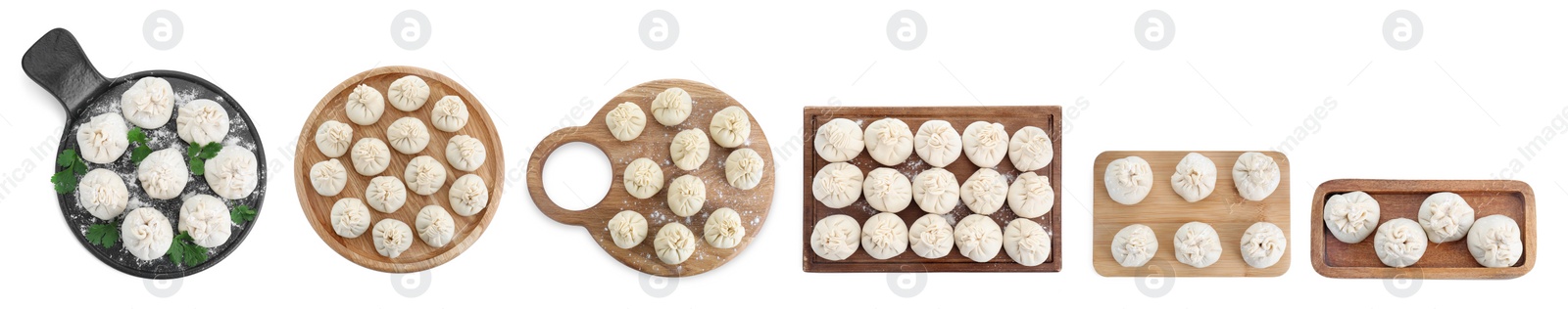 Image of Set of uncooked khinkalis (dumplings) isolated on white, top view