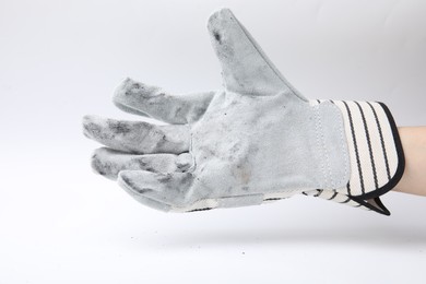 Woman in gardening glove on white background, closeup