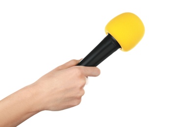 Photo of Woman holding microphone on white background, closeup