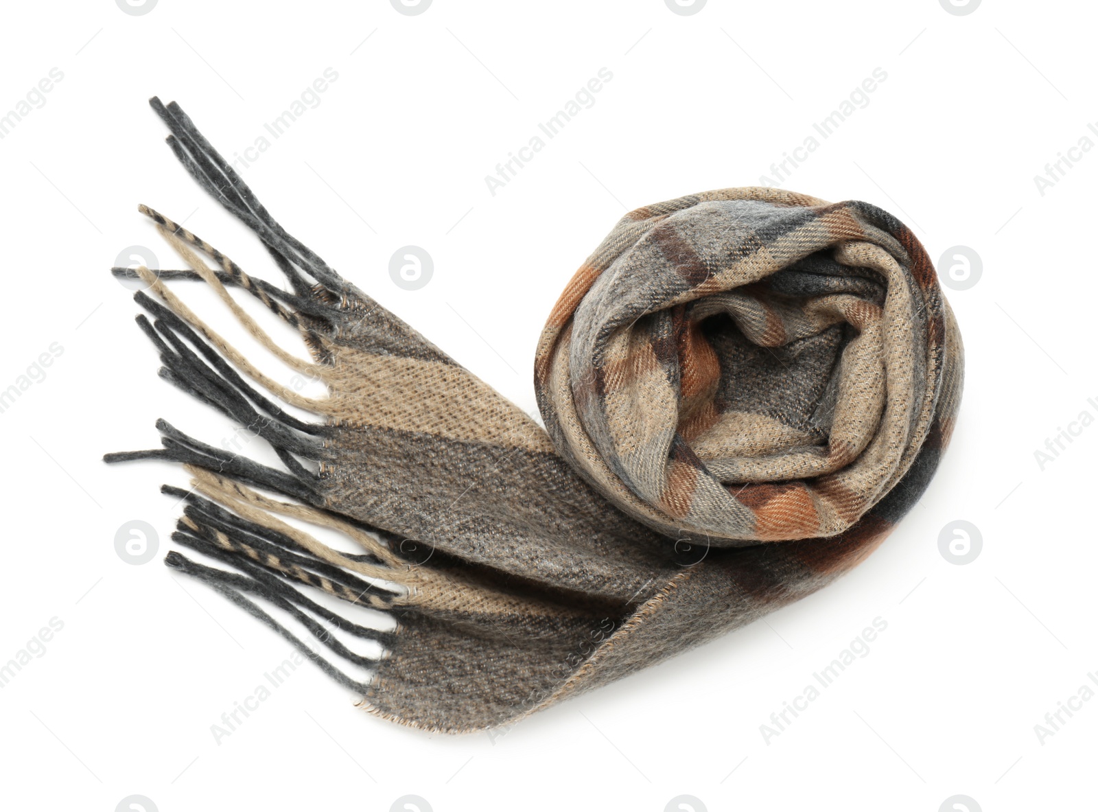 Photo of Stylish checkered cashmere scarf isolated on white, top view