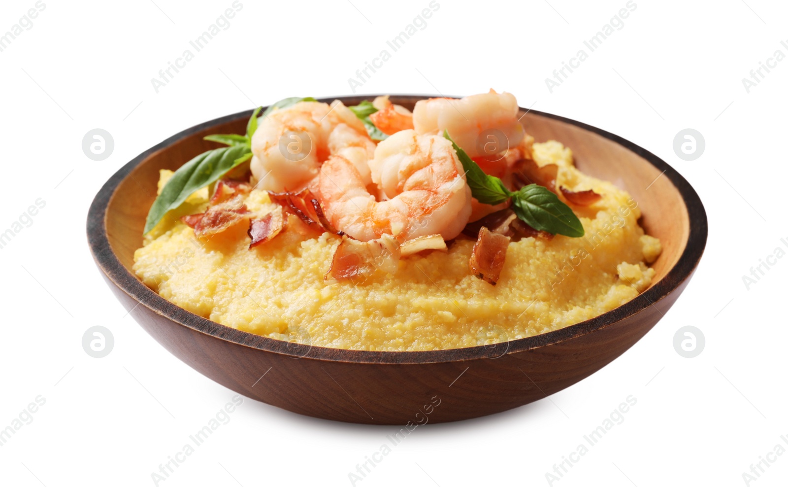 Photo of Fresh tasty shrimps, bacon, grits and basil in bowl isolated on white