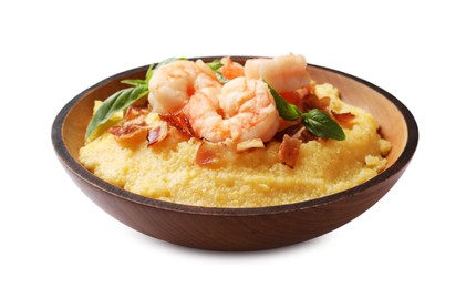 Fresh tasty shrimps, bacon, grits and basil in bowl isolated on white