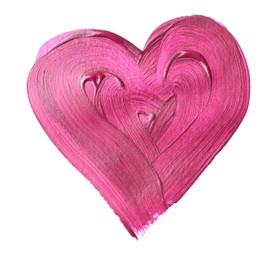 Photo of Magenta paint sample in shape of heart on white background, top view