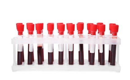 Test tubes with blood samples in rack isolated on white. Laboratory analysis