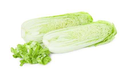 Photo of Fresh cut Chinese cabbages isolated on white