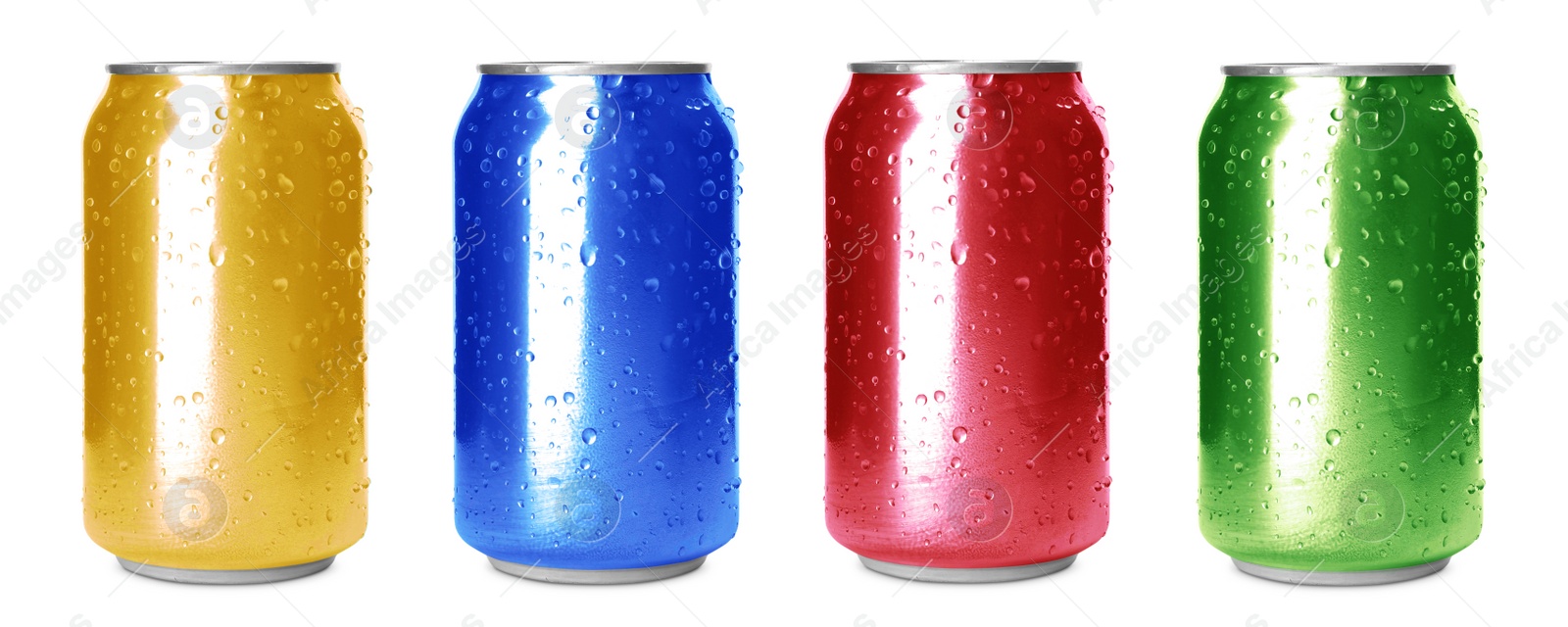 Image of Set with aluminium drink cans in different colors on white background. Banner design