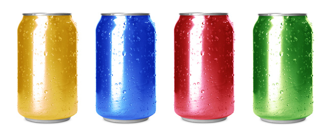 Set with aluminium drink cans in different colors on white background. Banner design