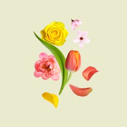 Image of Different beautiful flowers flying on light background