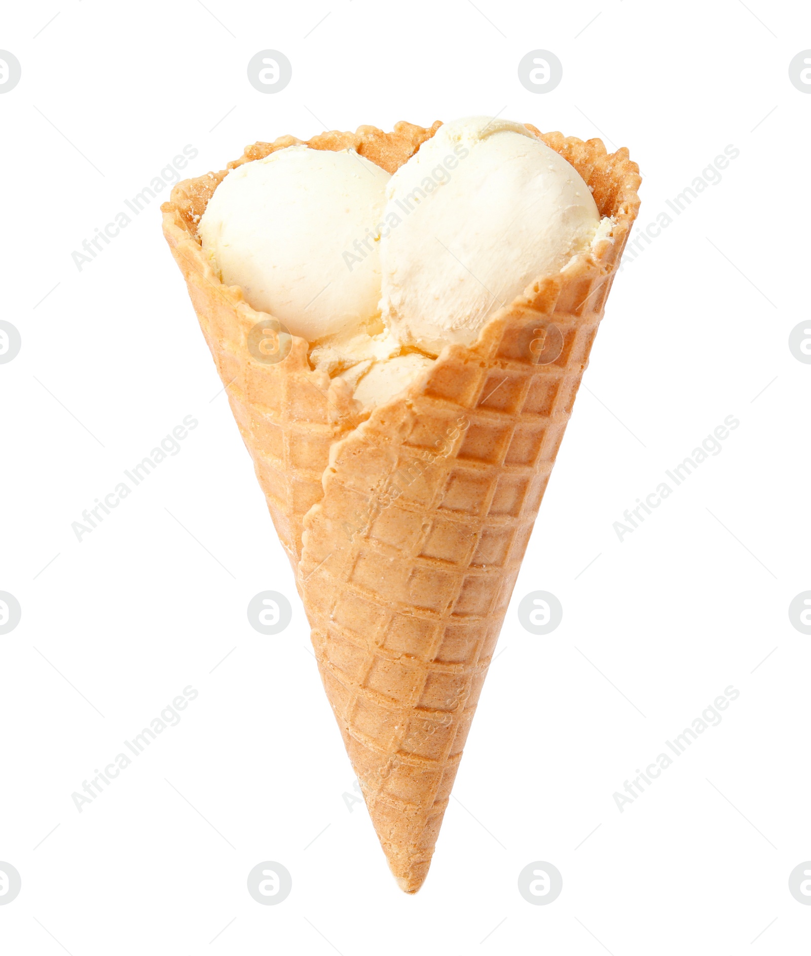 Photo of Delicious ice cream in waffle cone on white background