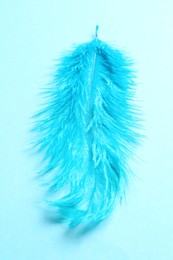 Photo of Beautiful delicate feather on light blue background, above view