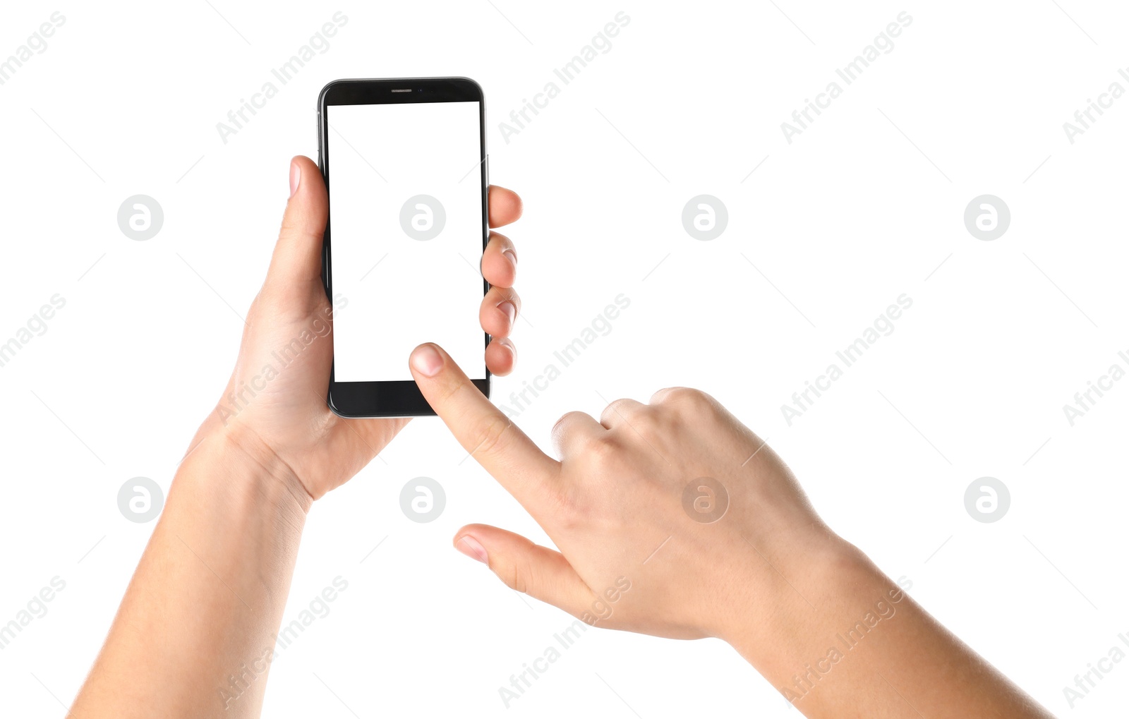 Photo of Man holding smartphone with blank screen on white background, closeup of hands. Space for text