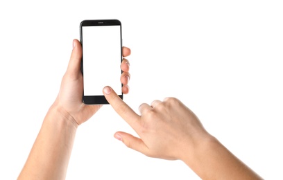 Photo of Man holding smartphone with blank screen on white background, closeup of hands. Space for text