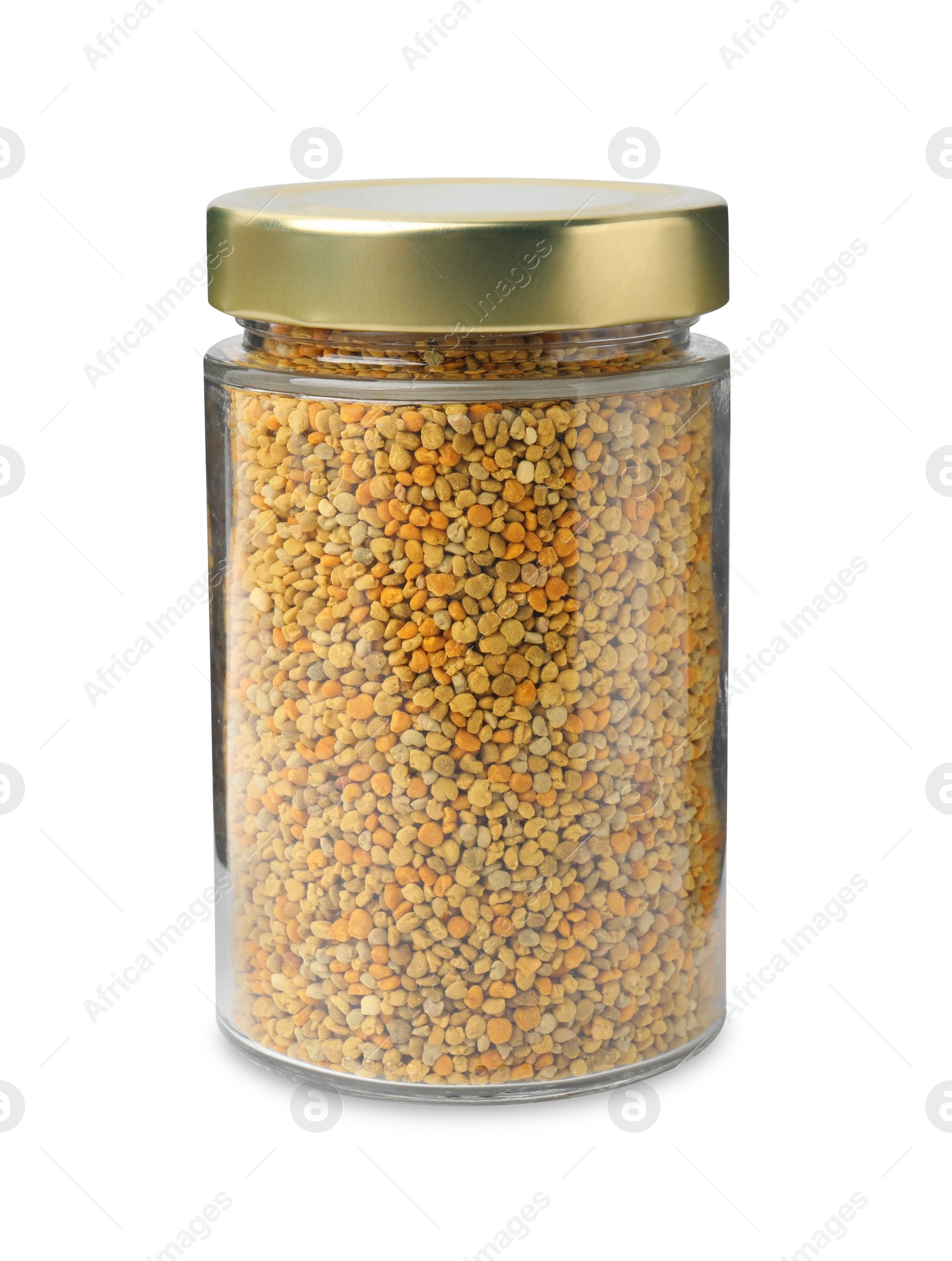 Photo of Fresh bee pollen granules in jar isolated on white