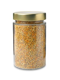 Photo of Fresh bee pollen granules in jar isolated on white