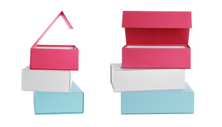 Image of Set with cardboard boxes for shoes on white background 