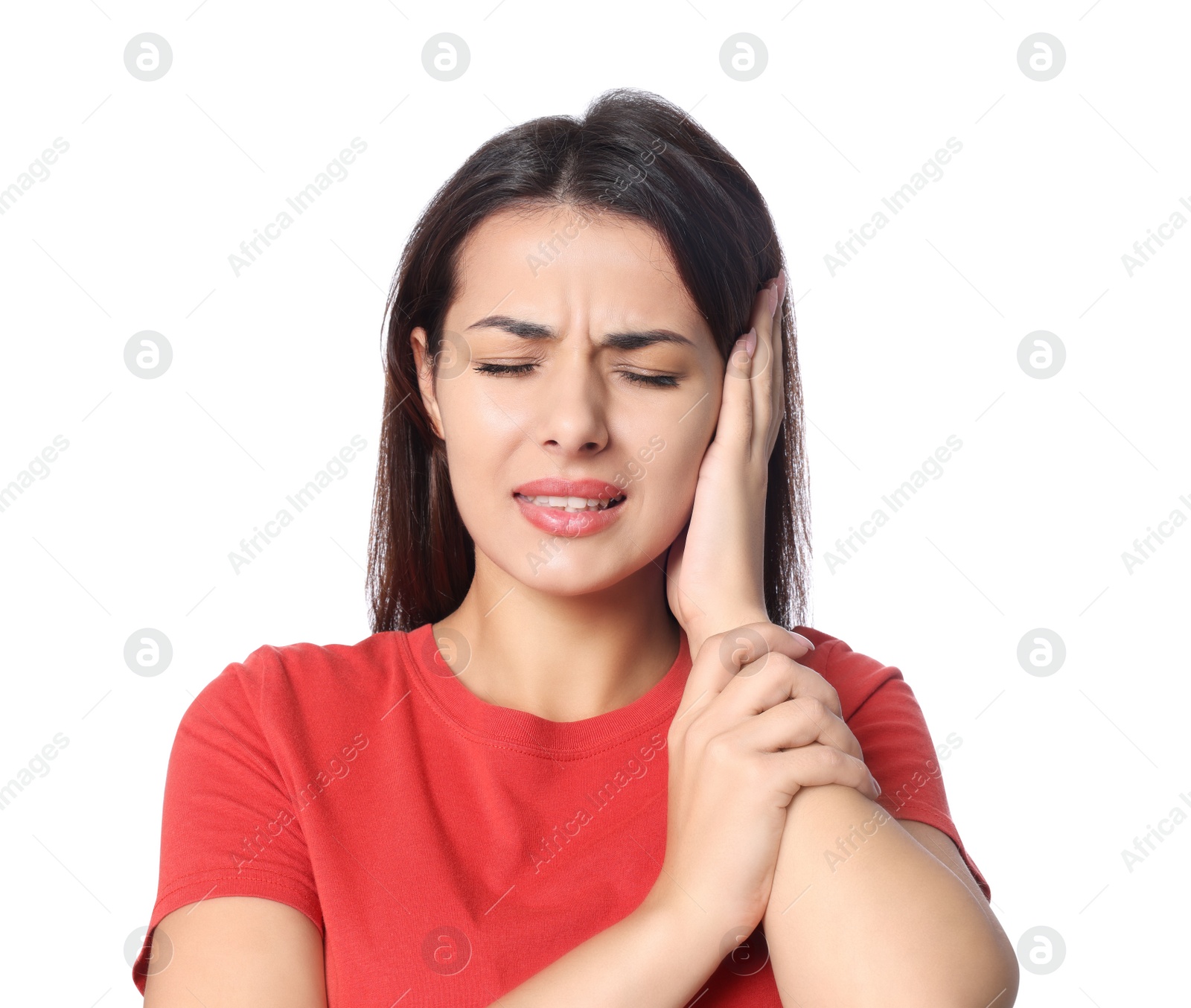 Photo of Young woman suffering from ear pain on white background