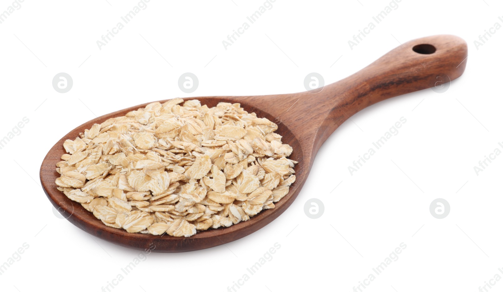 Photo of Wooden spoon of oatmeal isolated on white