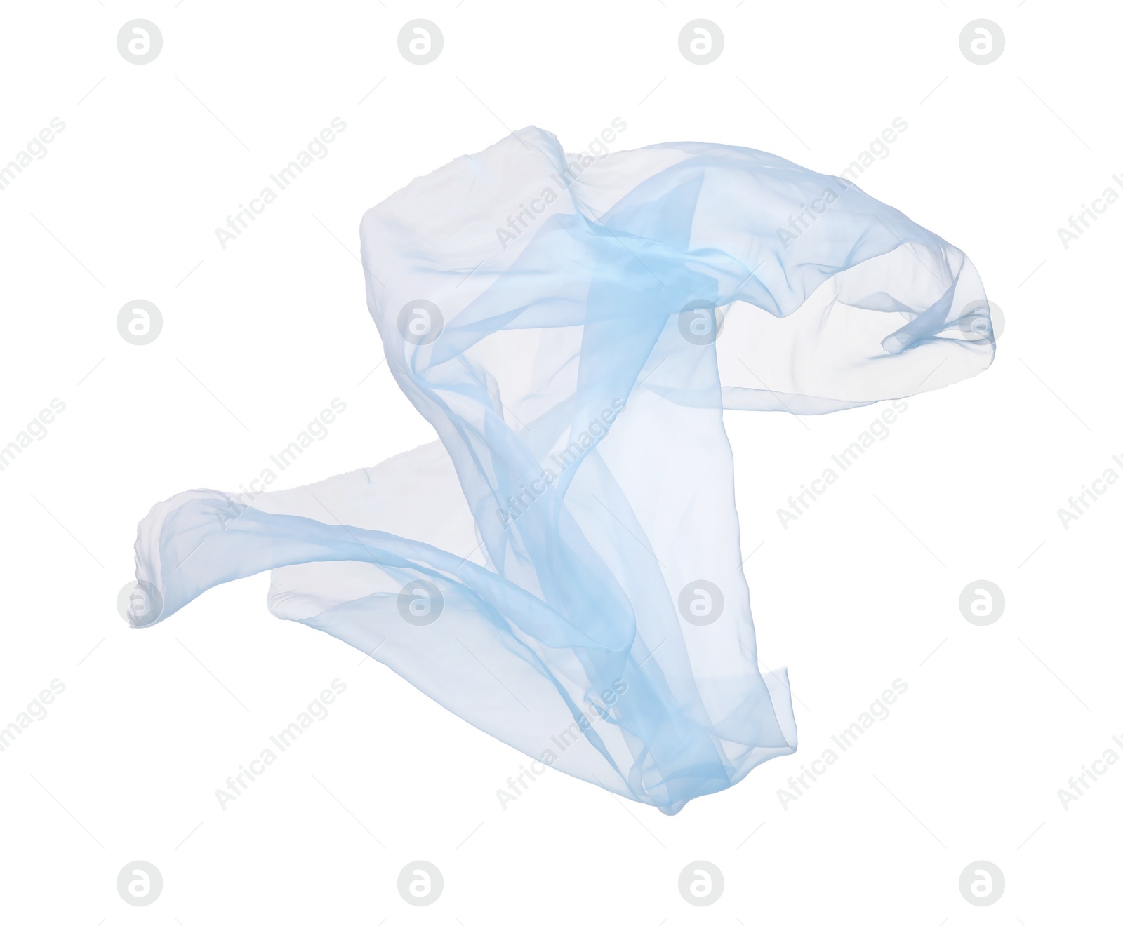 Photo of Beautiful light blue tulle fabric flying on white background