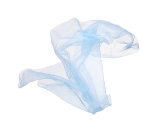 Beautiful light blue tulle fabric flying on white background