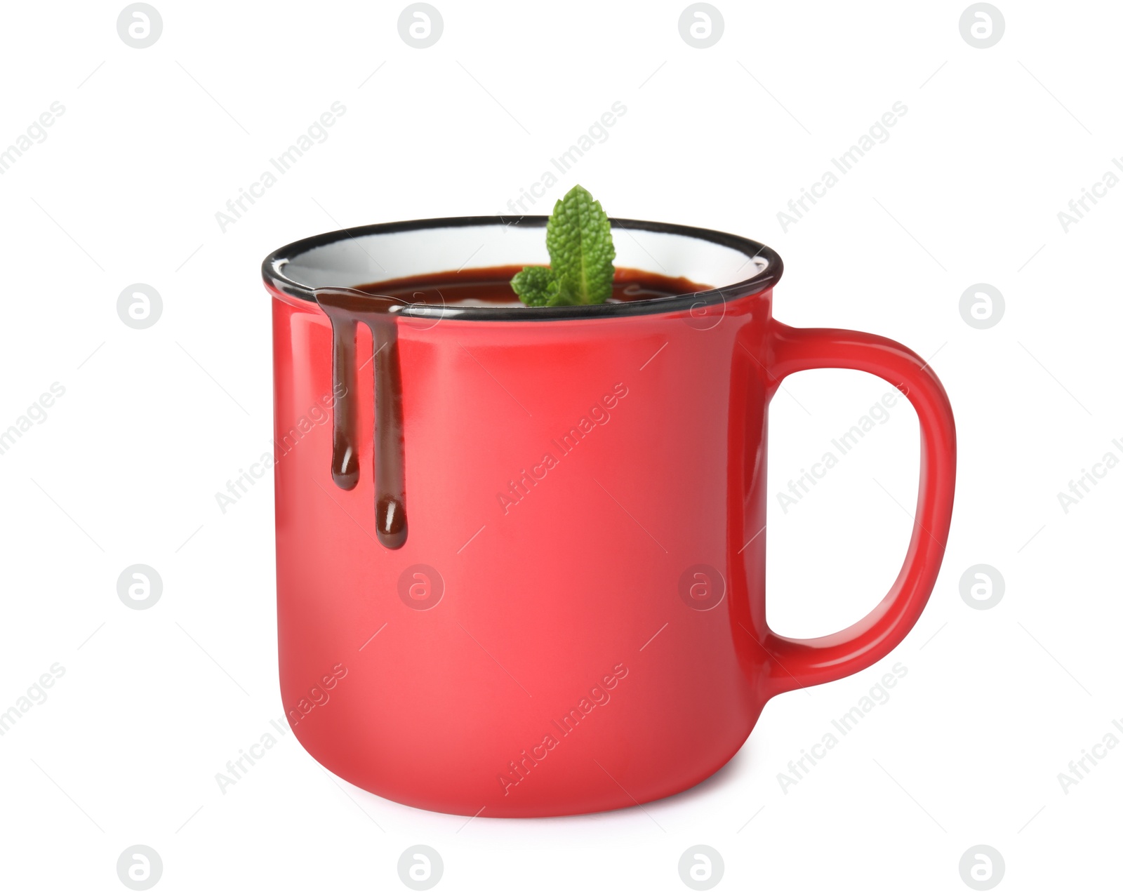 Photo of Mug of delicious hot chocolate with fresh mint leaves isolated on white