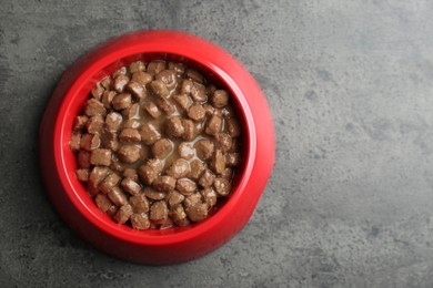 Photo of Wet pet food in feeding bowl on grey stone background, top view. Space for text
