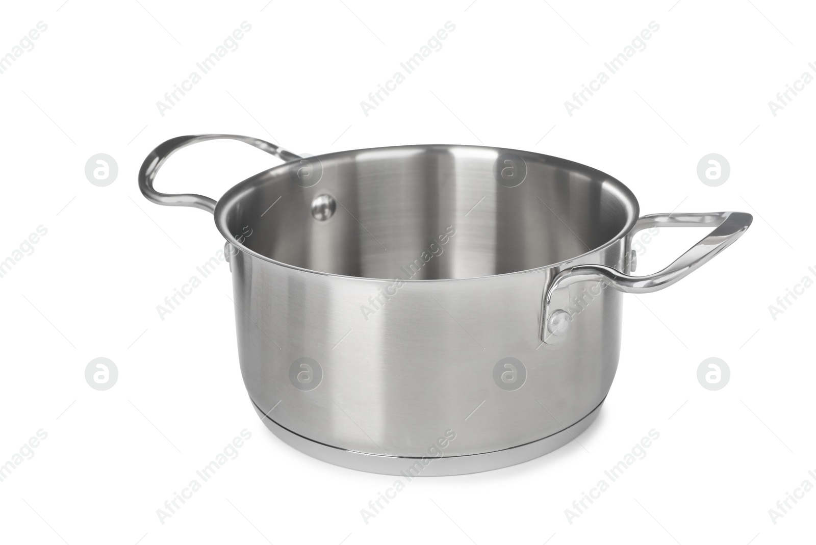 Photo of New shiny pot isolated on white. Domestic kitchenware