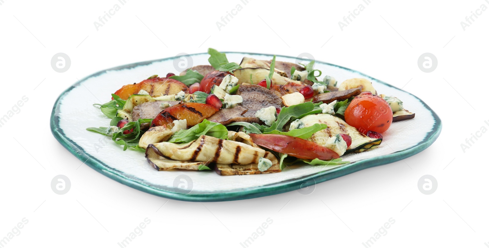 Photo of Delicious salad with beef tongue, grilled vegetables, peach and blue cheese isolated on white