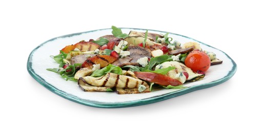 Photo of Delicious salad with beef tongue, grilled vegetables, peach and blue cheese isolated on white