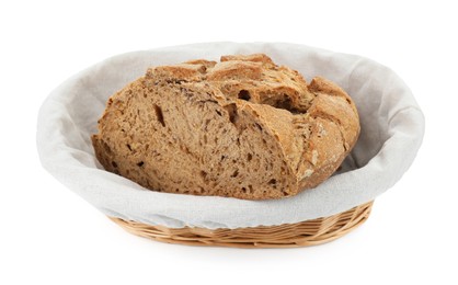 Wicker basket with fresh bread isolated on white