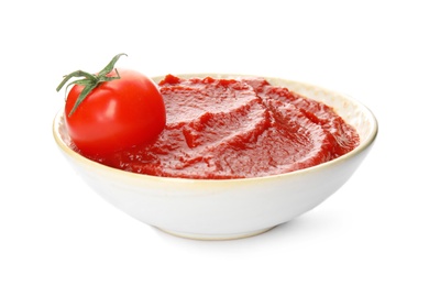 Photo of Tasty homemade tomato sauce and fresh vegetable in bowl on white background
