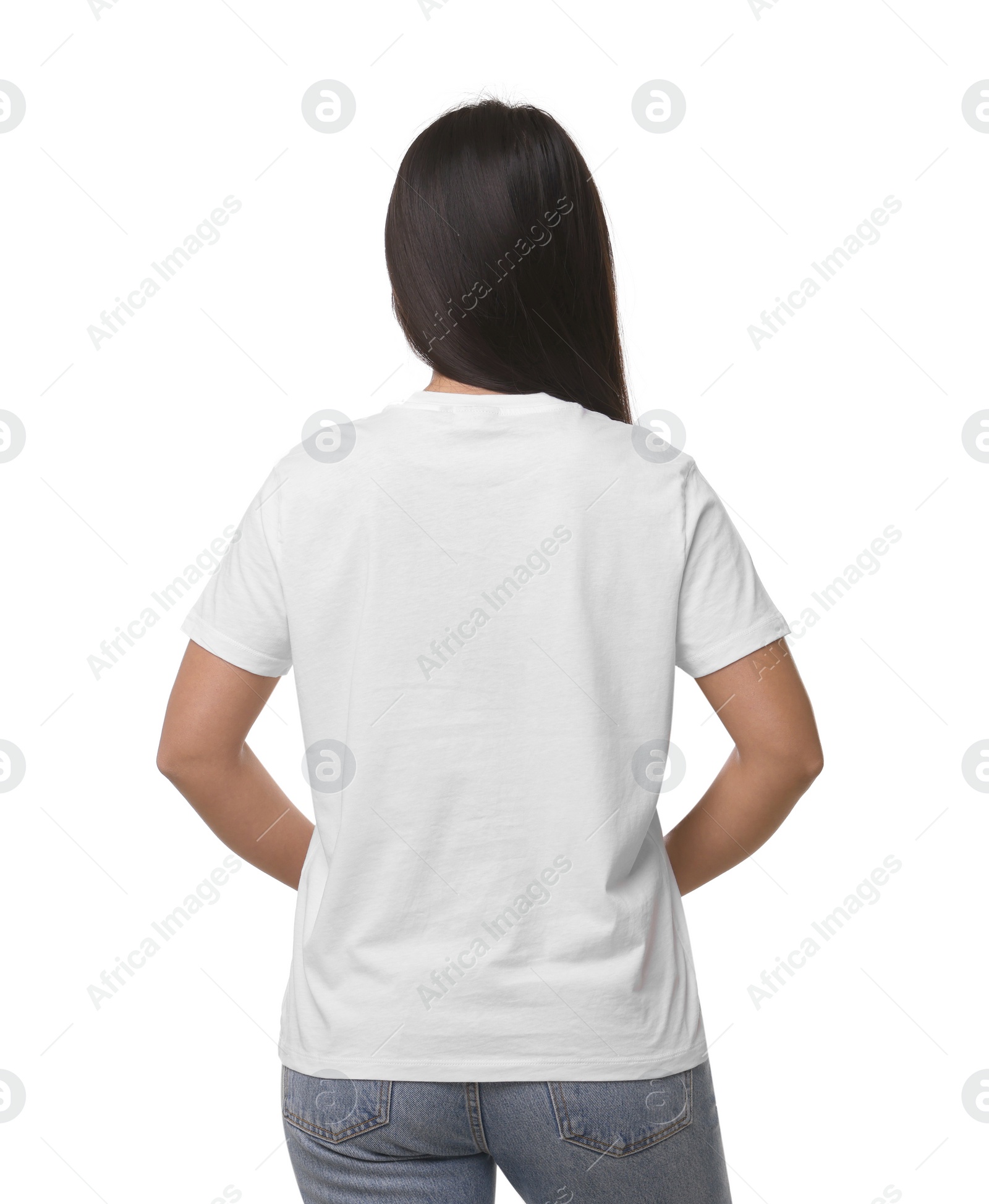 Photo of Woman wearing stylish t-shirt on white background, back view