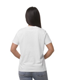 Woman wearing stylish t-shirt on white background, back view