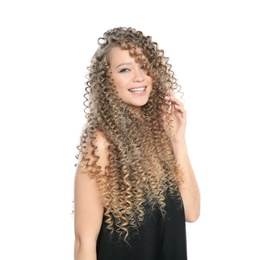 Portrait of beautiful young woman with shiny wavy hair on white background