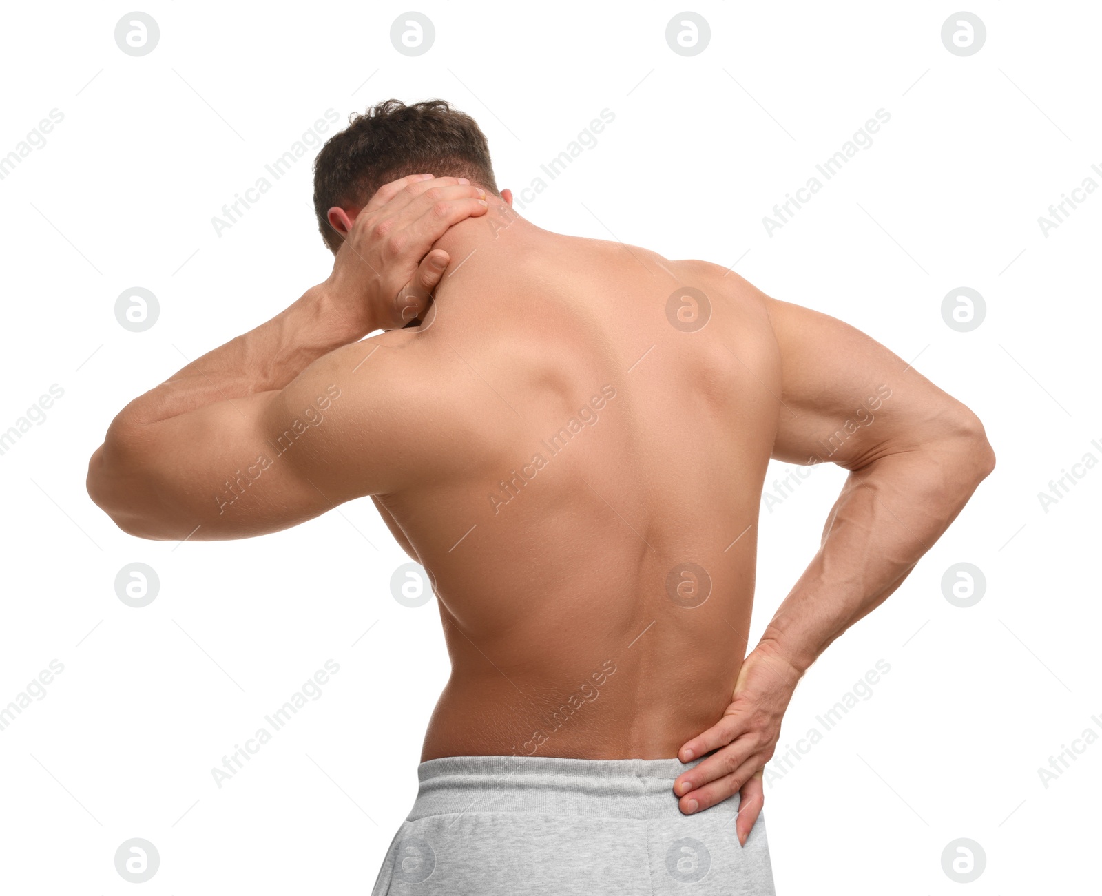 Photo of Man suffering from neck and back pain on white background, back view