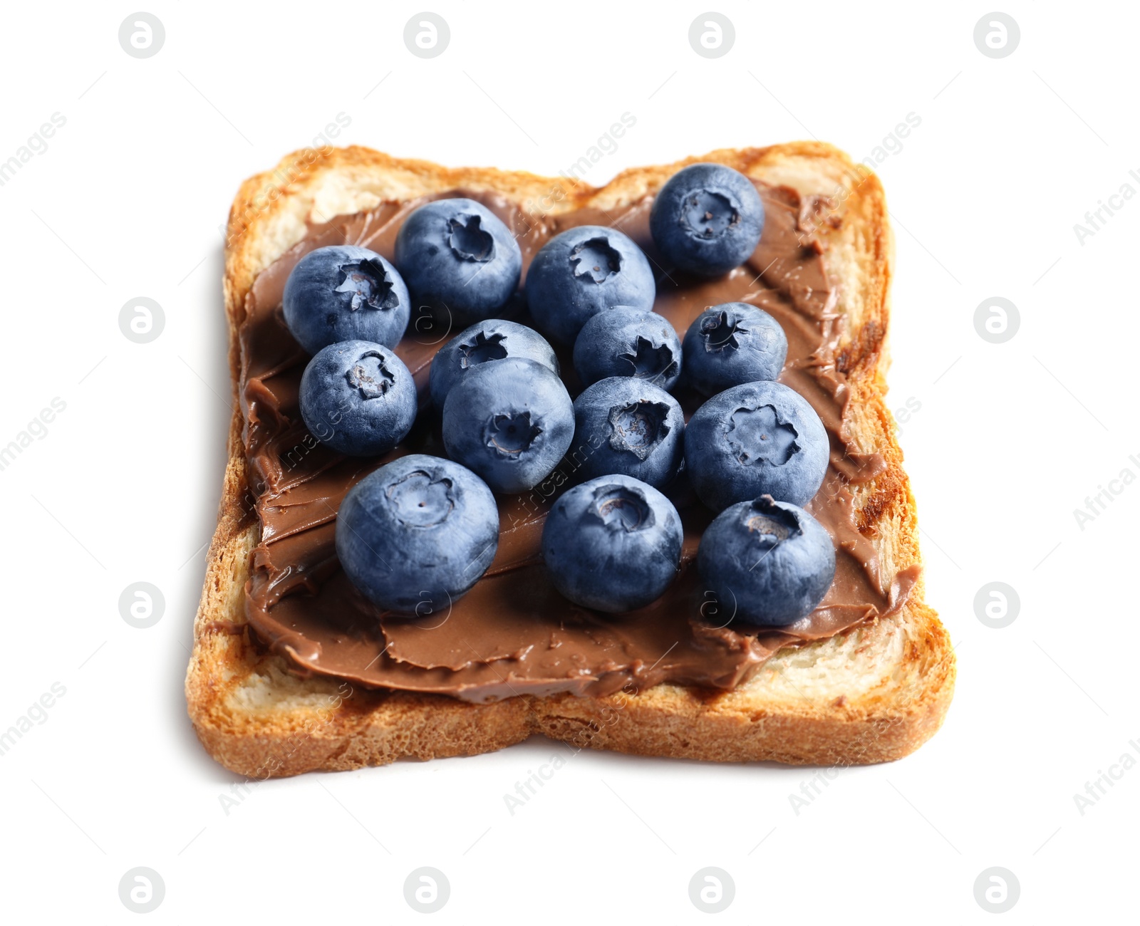 Photo of Toast bread with chocolate spread and blueberry on white background