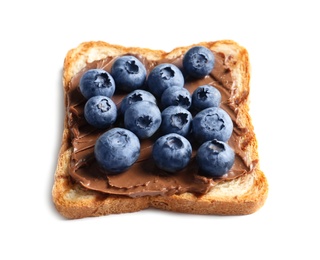 Photo of Toast bread with chocolate spread and blueberry on white background