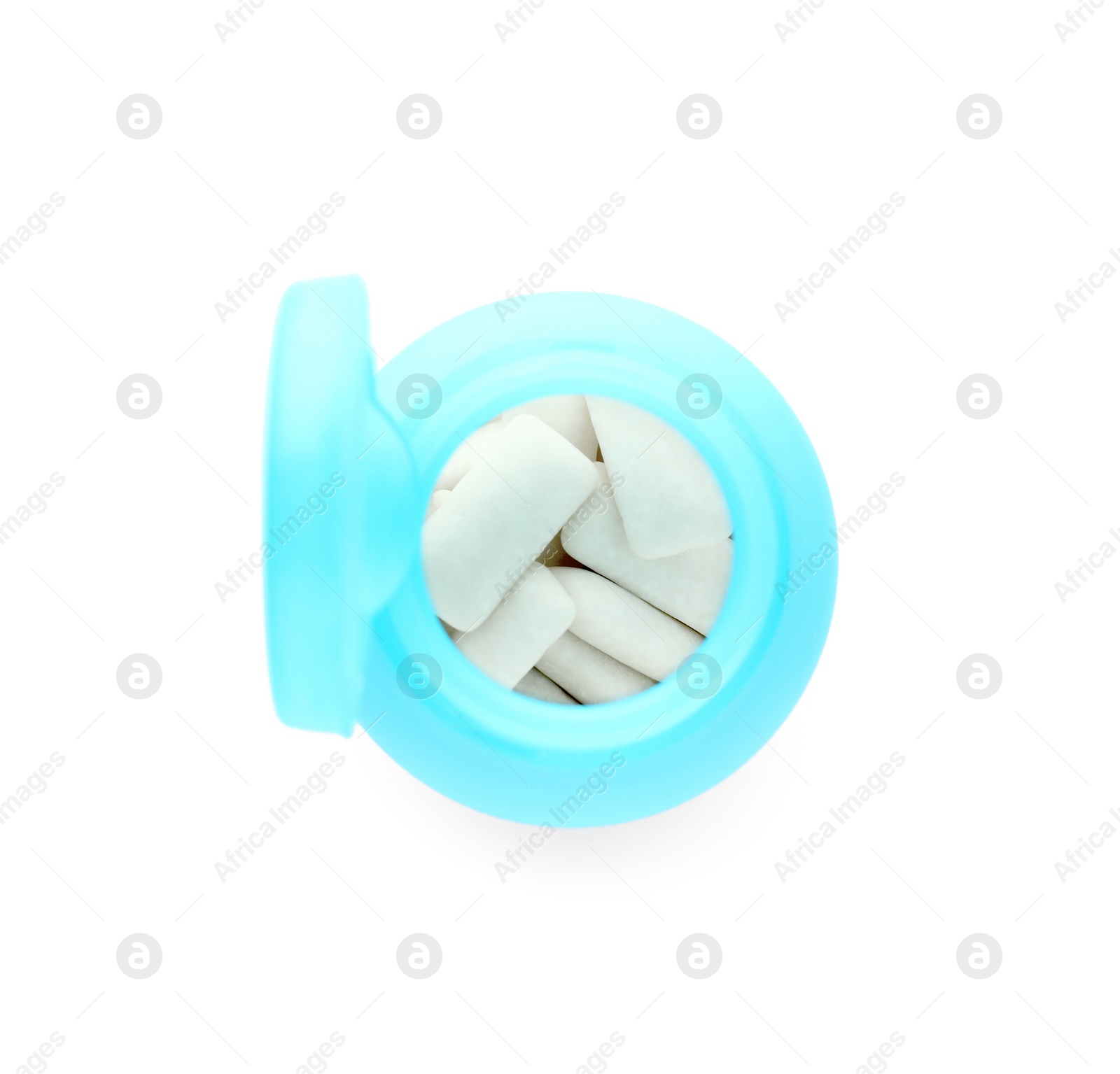 Photo of Light blue jar with chewing gums on white background, top view