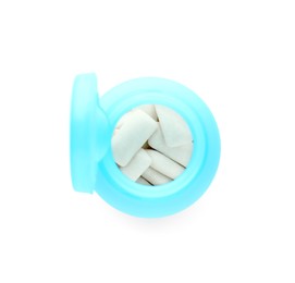 Photo of Light blue jar with chewing gums on white background, top view