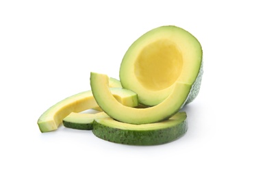 Photo of Slices of ripe avocado on white background