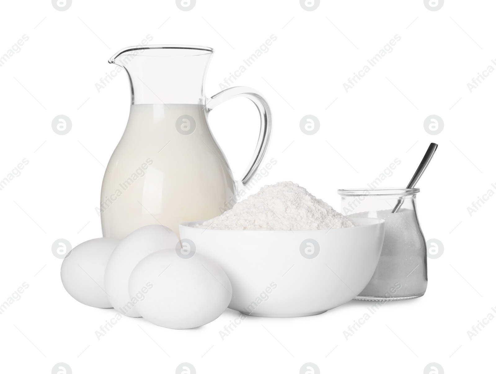 Photo of Natural ingredients for dough on white background