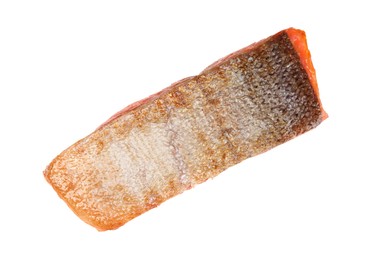 Photo of Piece of tasty grilled salmon isolated on white, top view