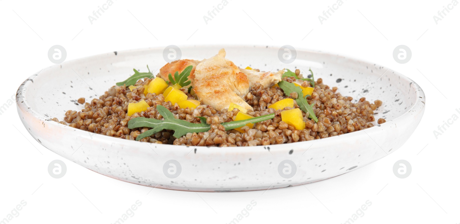 Photo of Delicious buckwheat porridge with meat on white background