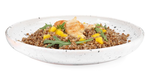 Photo of Delicious buckwheat porridge with meat on white background