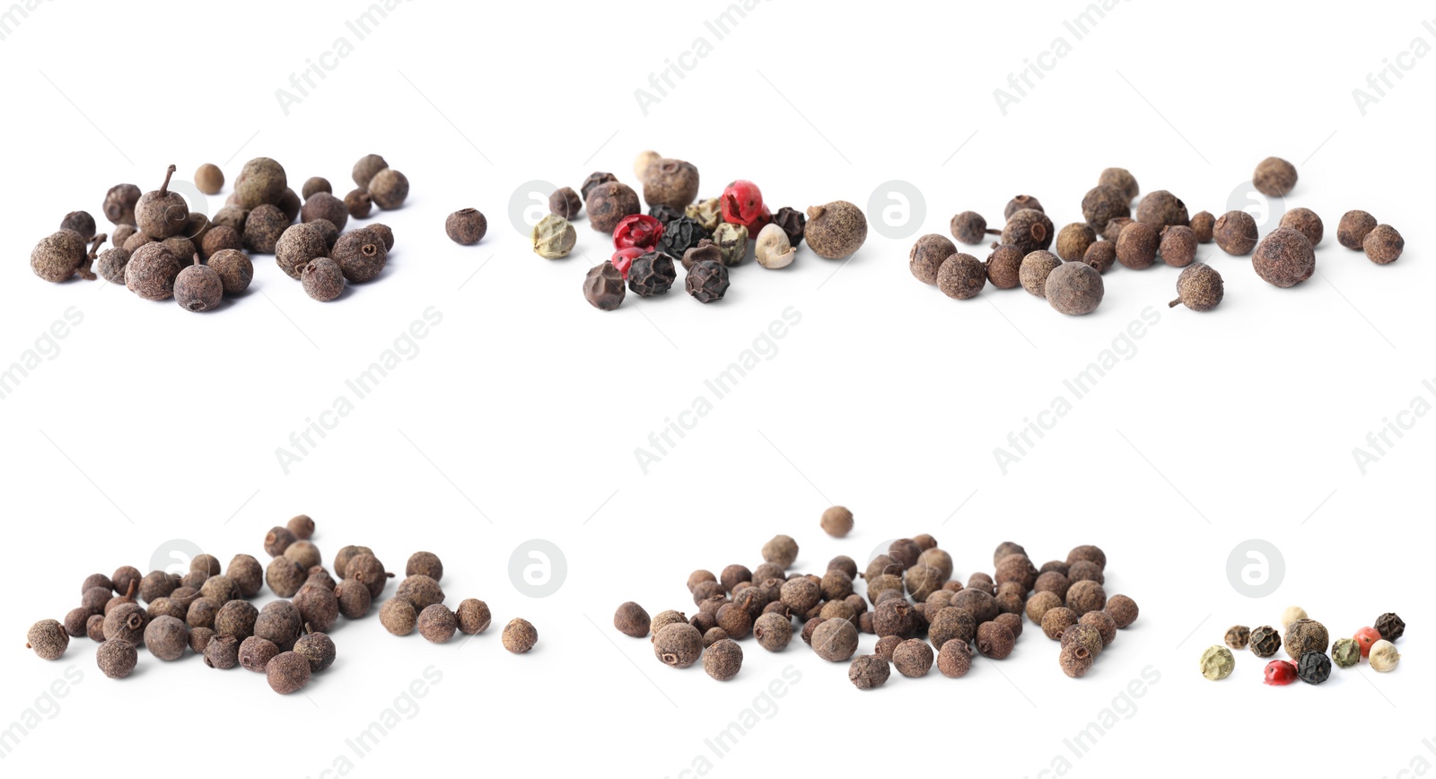 Image of Set of different peppercorns on white background