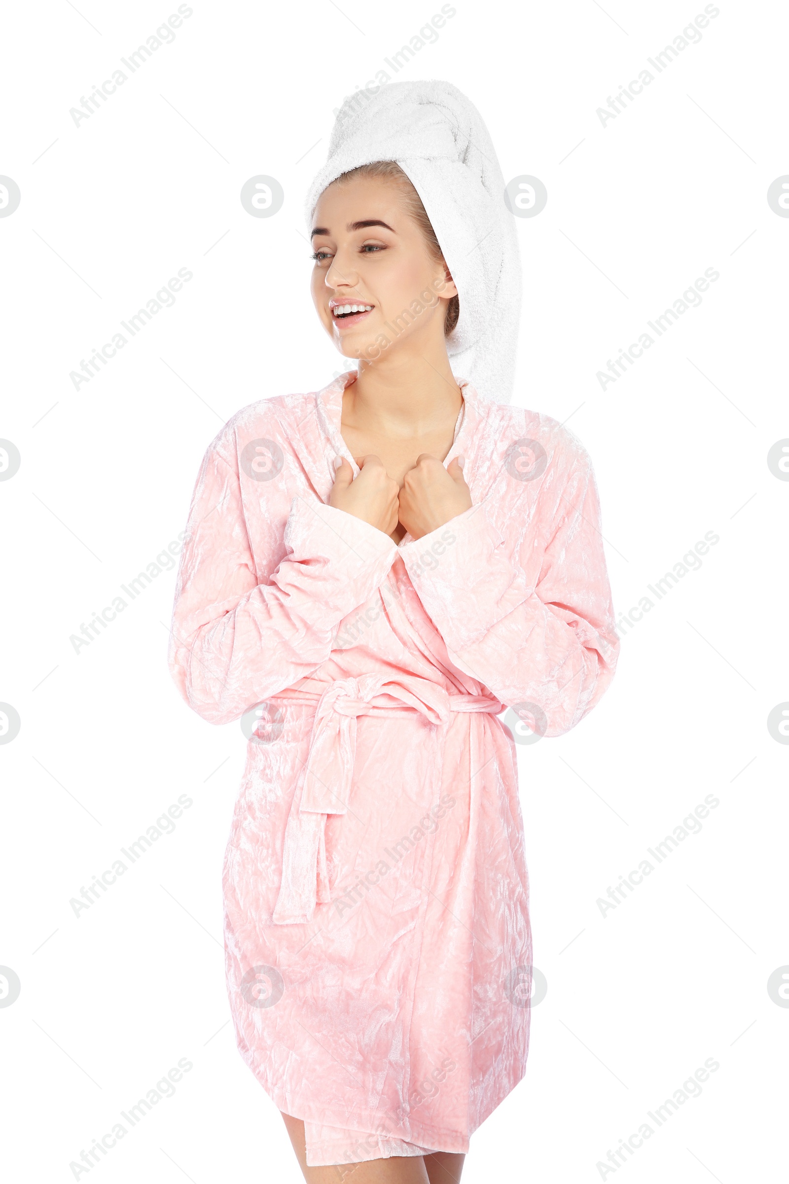 Photo of Portrait of young pretty woman in bathrobe with towel on white background