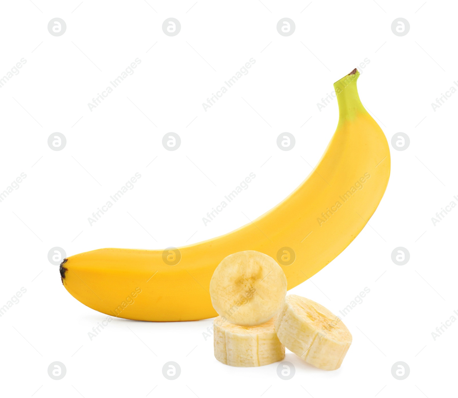 Image of Delicious ripe banana and pieces on white background