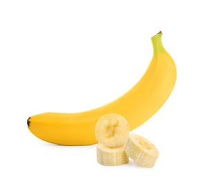 Image of Delicious ripe banana and pieces on white background