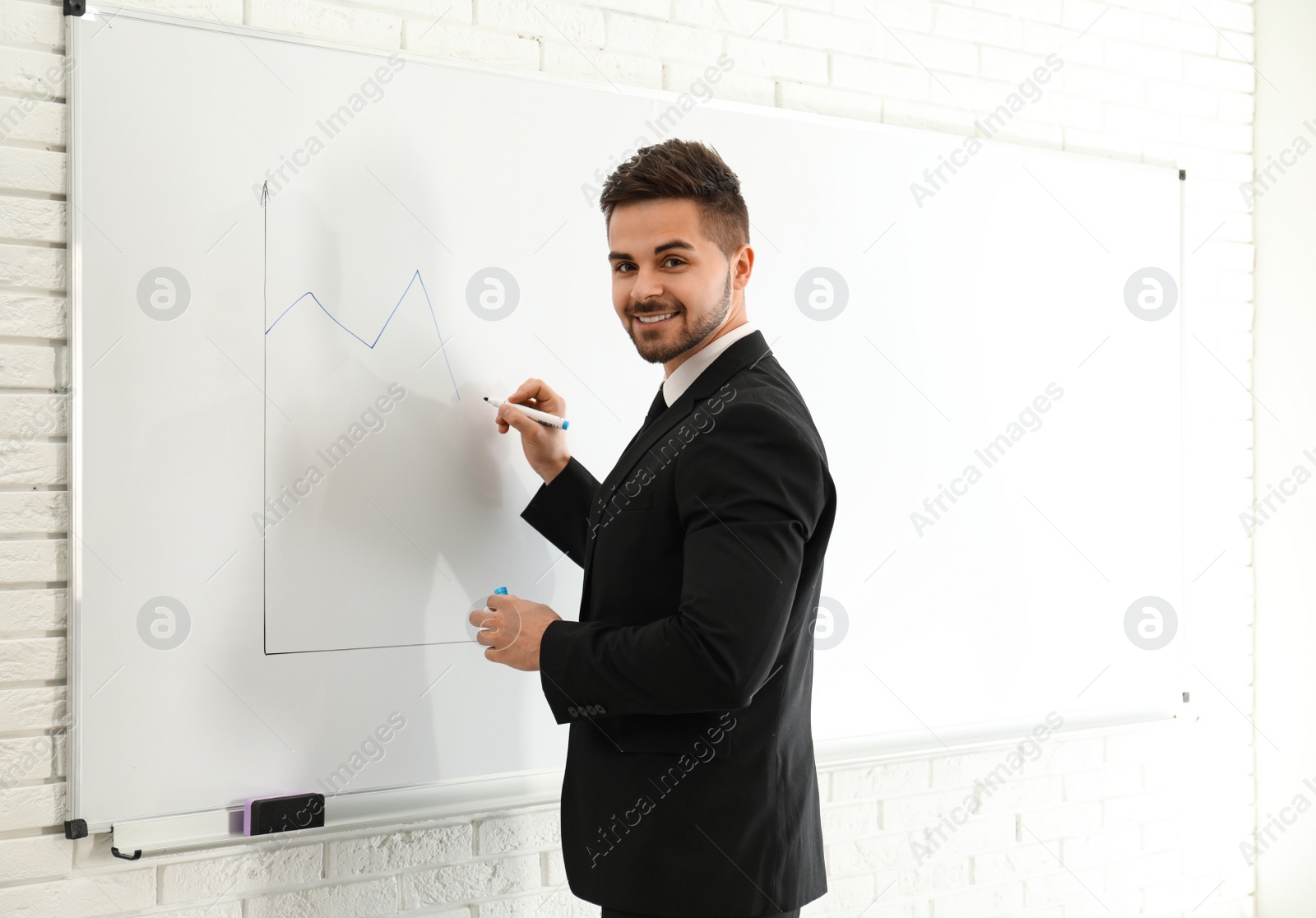 Photo of Professional business trainer near whiteboard in office